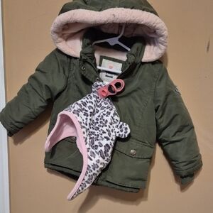 Carter's Green Jacket with Pink Lining and Leopard Hat